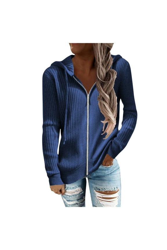 TQWQT Hoodies for Women Fall Sweaters Winter Zip Up Long-Sleeved Knitted Hooded Cardigan Sweater Blue M