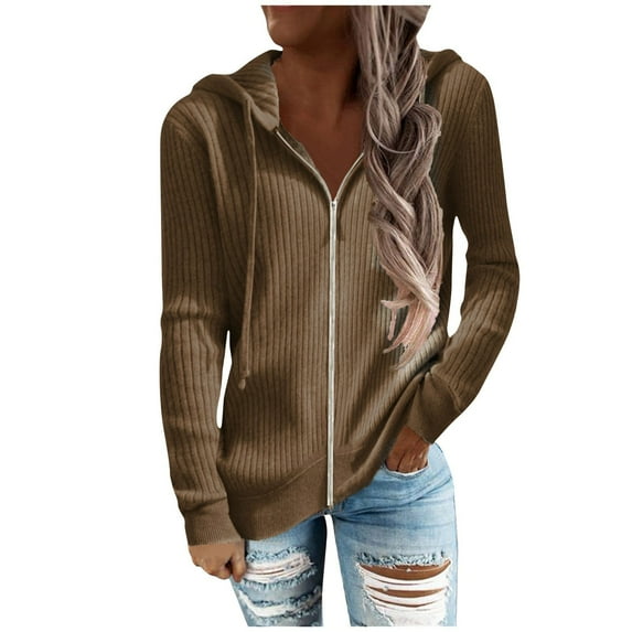 TQWQT Hoodies for Women Fall Sweaters Winter Zip Up Long-Sleeved Knitted Hooded Cardigan Sweater Yellow XL