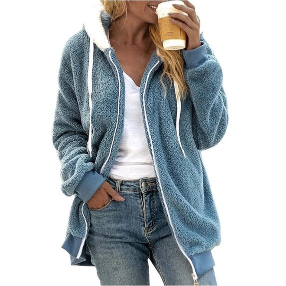 TQWQT Jackets for Women, Winter Coat Fuzzy Fleece Jacket Hooded Colorblock Cardigan Coat Oversized Fluffy Sherpa Outerwear with Pockets Light Blue XL