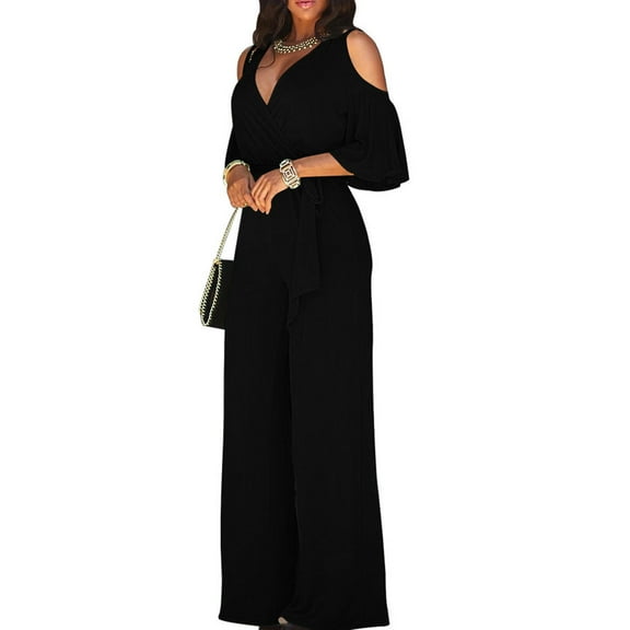 TQWQT Jumpsuits for Women Dressy Elegant V Neck Short Sleeve Cold Shoulder Wide Leg Belt Jumpsuits Black S