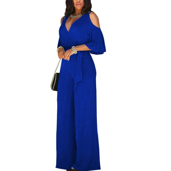 TQWQT Jumpsuits for Women Dressy Elegant V Neck Short Sleeve Cold Shoulder Wide Leg Belt Jumpsuits Blue L