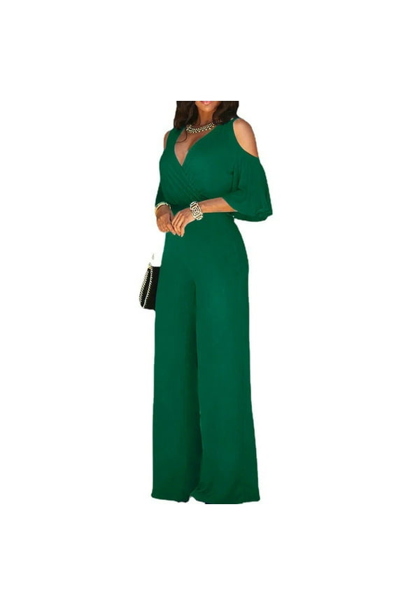 TQWQT Jumpsuits for Women Dressy Elegant V Neck Short Sleeve Cold Shoulder Wide Leg Belt Jumpsuits Green L