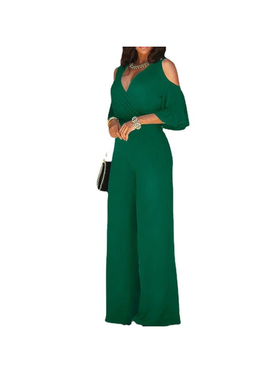 Jumpsuits for Women Dressy Elegant V Neck Short Sleeve Cold Shoulder Wide Leg Belt Jumpsuits Green S