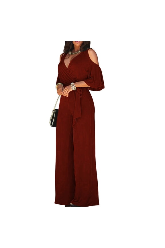 TQWQT Jumpsuits for Women Dressy Elegant V Neck Short Sleeve Cold Shoulder Wide Leg Belt Jumpsuits Wine M