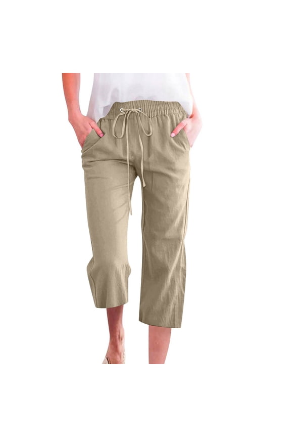 Khaki Capri Pants for Women Trendy Summer Pedal Pushers Knee Length High Waisted Lightweight Cropped Trouser Dressy Casual Capris with Pockets Khaki M