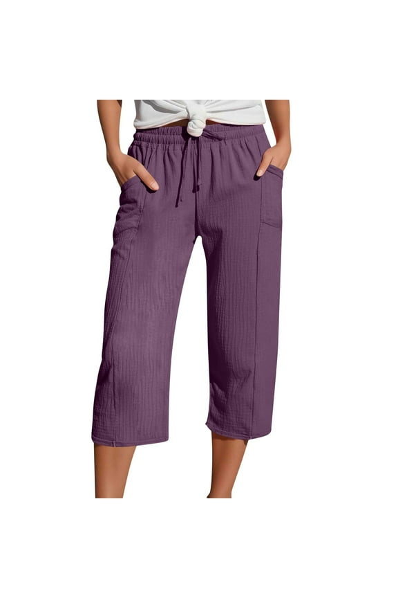 Khaki Capri Pants for Women Cropped Trouser Knee Length Elastic Waist Pedal Pushers Dressy Casual Pedal Pushers with Pockets Purple M