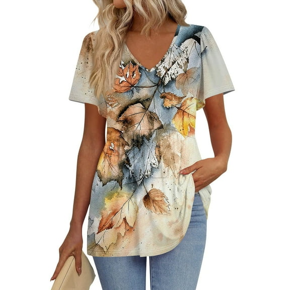 TQWQT Khaki Peplum Tops for Women Plus Size Vneck Tunic Tops Babydoll Short Sleeve Summer Tops Dressy Puff Sleeve Floral Blouses Beach Vacation Clothes Khaki 3XL