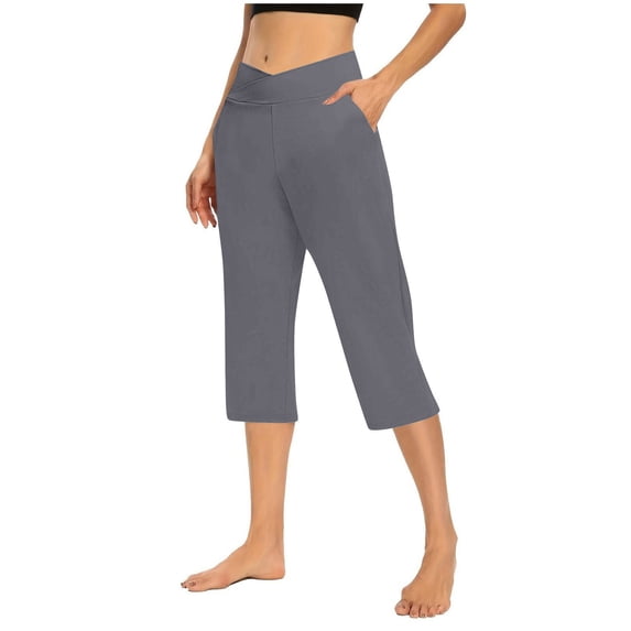 TQWQT Khaki Womens Capris for Summer Capri Pants Knee Length High Waisted Plus Size Cropped Trouser Dressy Casual Pedal Pushers with Pockets Dark Gray M