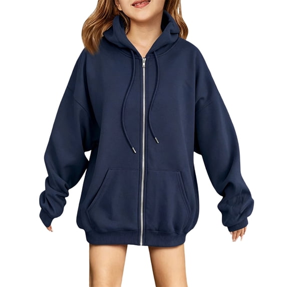 TQWQT Kids Hoodie Sweatshirt Girls Long Sleeve Zip Up Pullover Lightweight Casual Solid Color Pocket Hooded Top Children Fashion Outerwear Spring Fall Jacket Youth Boys Girls Clothing Navy 9-10 Years