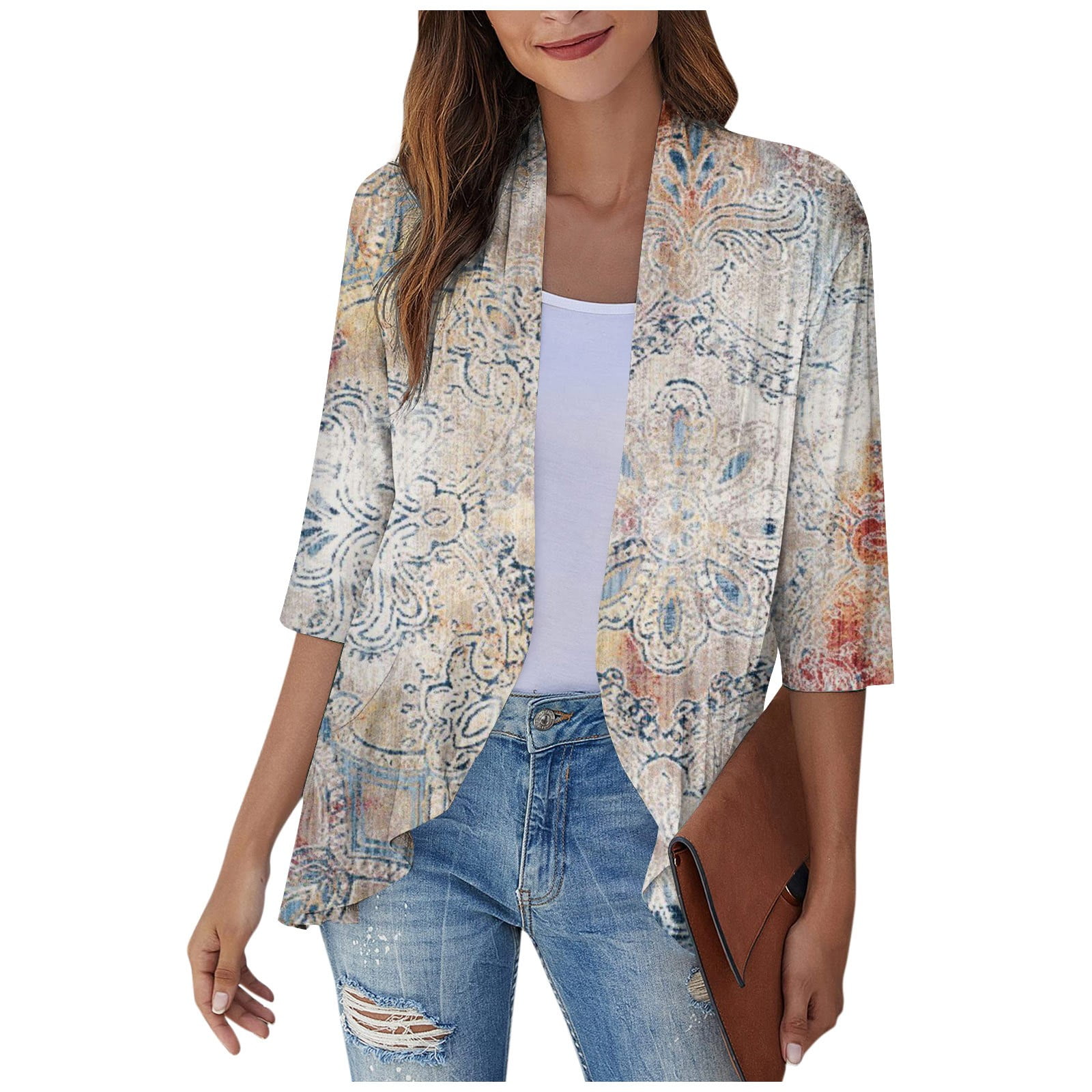 TQWQT Kimono Cardigans for Women 3/4 Sleeve Cropped Cardigan Open Front — free download