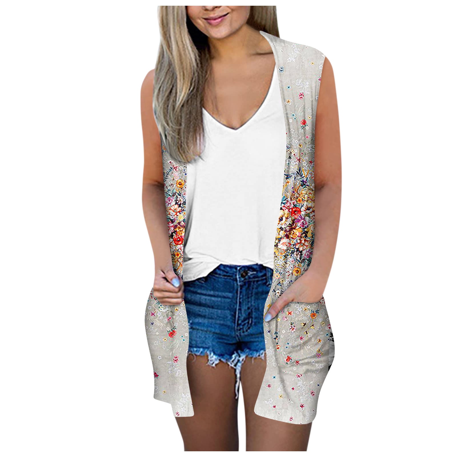 TQWQT Kimono Cardigans for Women Casual Drape Dusters Sleeveless Open