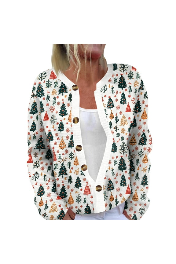 TQWQT Knitted Christmas Sweater for Women Plus Size Ugly Christmas Cardigan Sweater Open Front Santa Xmas Tree Print Funny Button Down Sweater Cardigans Cute Cardigans Beige 3XL