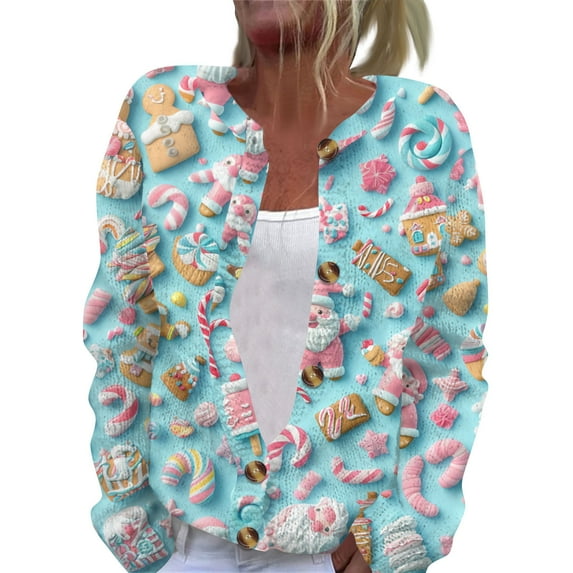 TQWQT Knitted Ugly Christmas Sweater Women Plus Size Graphic Sweaters Cardigans Sweater Open Front Santa Xmas Tree Print Cute Button Down Sweater Cardigans Sky Blue 4XL