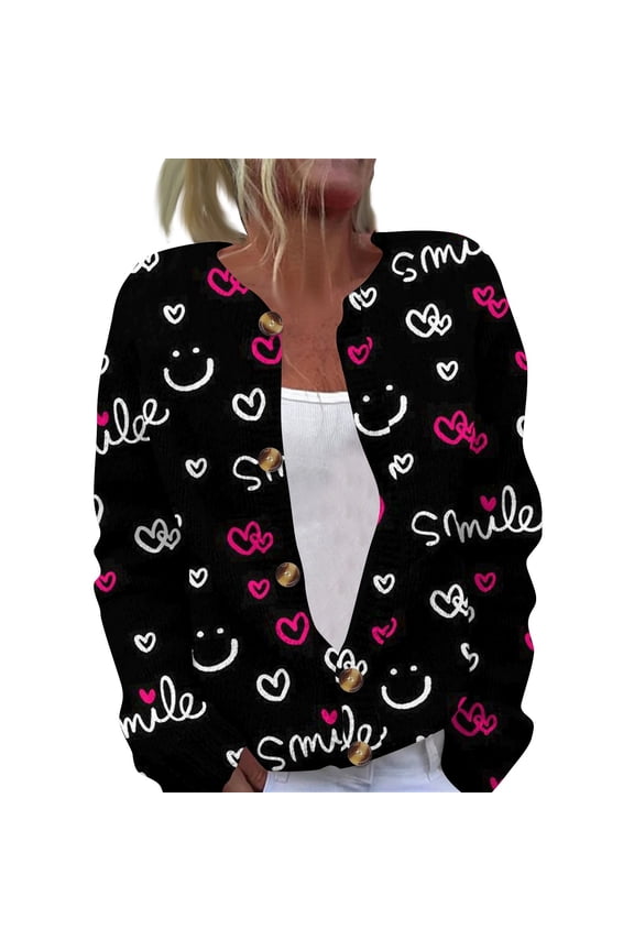 Knitted Valentines Day Sweater Women Plus Size Open Front Love Heart Print Cute Cardigans Sweater Button Down Cardigan Trendy Clothes 2XL