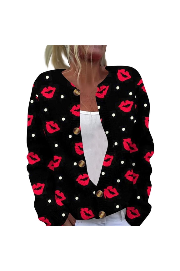 Knitted Valentines Day Sweater Women Plus Size Open Front Love Heart Print Cute Sweater Button Down Cardigan Holiday Outfits M