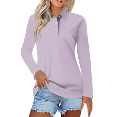TQWQT Light Purple Polo Shirts for Women 3-Button Collared Shirts Long Sleeve Quick Dry Golf Polos Lightweight Breathable Dressy Tops Light Purple L