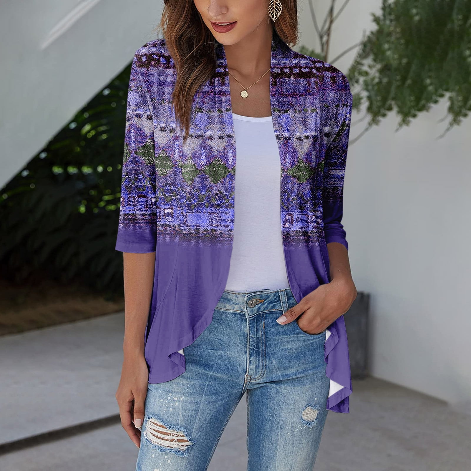 TQWQT Light Weight Cardigan Women Summer Casual 3 4 Short Sleeve Open Front Lightweight Floral Print Kimono Cardigan Sweaters Purple XL