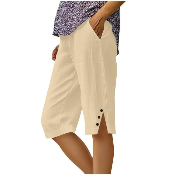 TQWQT Linen Bermuda Shorts for Women Linen Capri Pants Dressy Casual Elastic Waist Knee Length Gauze Pants Trendy Summer Linen Shorts with Pockets Khaki XL