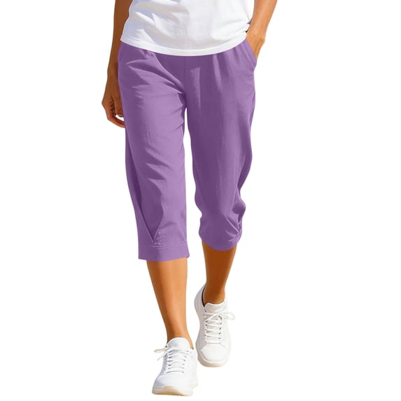 TQWQT Linen Capri Pants for Women Drawstring Palazzo Trousers Wide Leg Elastic Waist Trendy Summer Ladies Lounge Pants Dressy Casual Drawstring Capris with Pockets Purple L