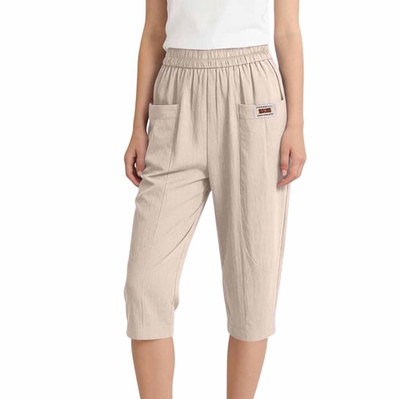 TQWQT Linen Capri Pants for Women Dressy Casual Cropped Pants Wide Leg High Waisted Trendy Summer Light Weight Pants with Pockets Beige XL