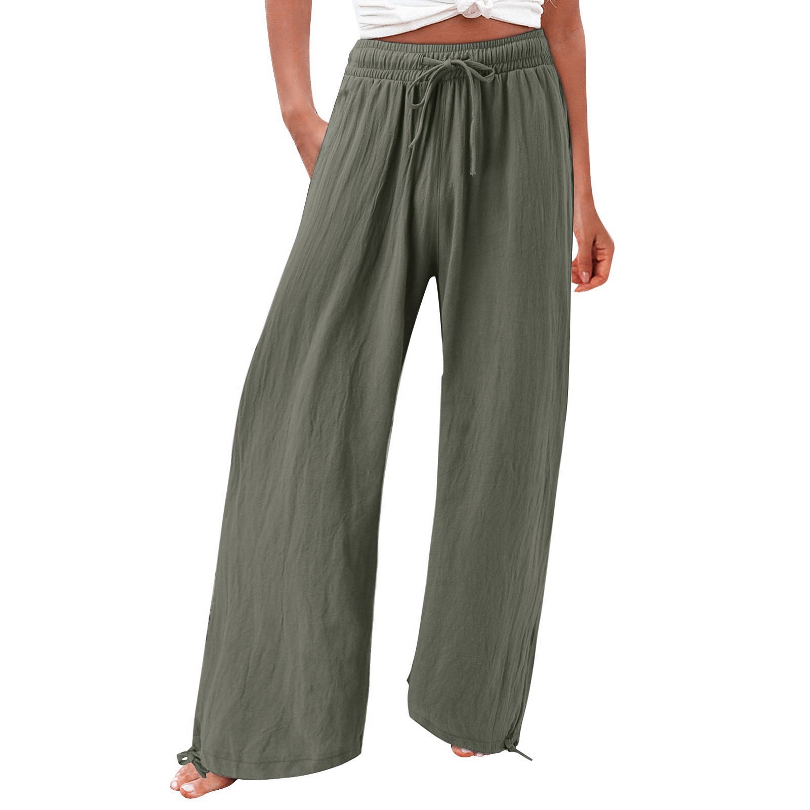 TQWQT Linen Pants for Women Casual Loose Drawstring Wiste Wide Leg