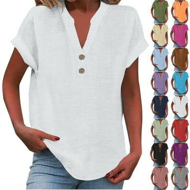 TQWQT Women Summer Tops Short Sleeve Button Down V-Neck Cotton Linen Shirts Trendy Gauze Tunic Top Dressy Casual Blouse Spring Clothes White 5XL