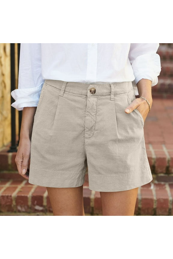 Linen Shorts for Women Dressy Casual Bermuda Shorts Wide Leg High Rise Comfy Shorts with Pockets Trendy Summer Khaki M