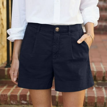 TQWQT Linen Shorts for Women Dressy Casual Bermuda Shorts Wide Leg High Waisted 5 Inch Inseam Shorts with Pockets Trendy Summer Pleated Shorts Navy S