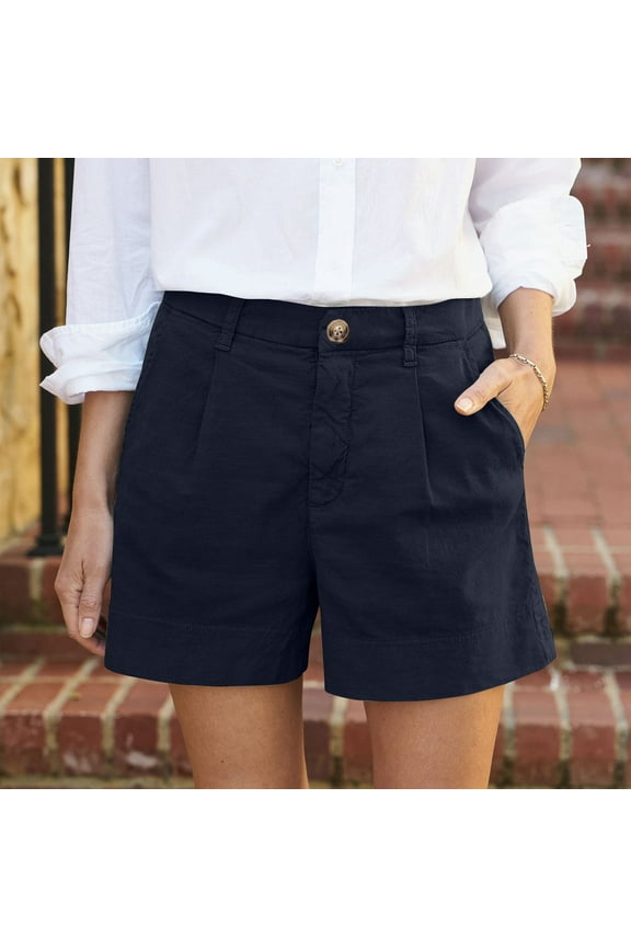 Linen Shorts for Women Dressy Casual Bermuda Shorts Wide Leg High Waisted 5 Inch Inseam Shorts with Pockets Trendy Summer Pleated Shorts Navy S