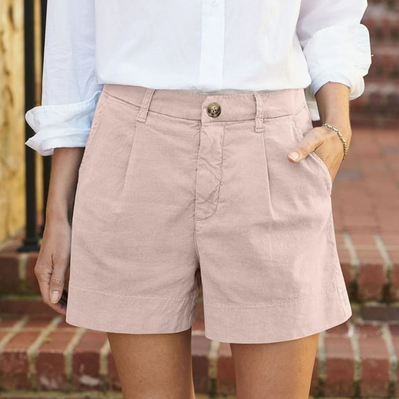 TQWQT Linen Shorts for Women Dressy Casual Bermuda Shorts Wide Leg High Waisted Chino Shorts with Pockets Trendy Summer Pink L
