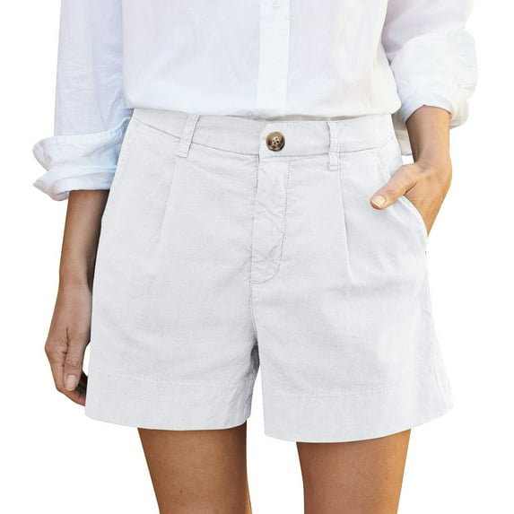 TQWQT Linen Shorts for Women Dressy Casual Chino Shorts High Rise Wide Leg Wide Leg Shorts with Pockets Trendy Summer White L
