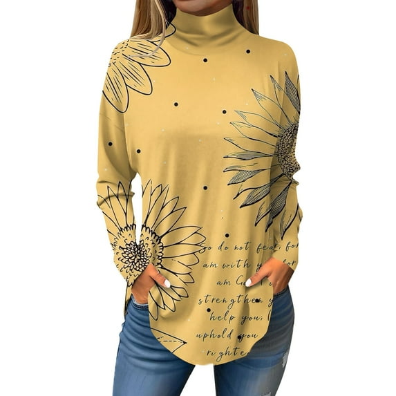 TQWQT Long Sleeve Shirts for Women Plus Size Turtlenecks Tunic Top Loose Fit Floral Printed T-Shirt Mockneck Curved Hem Graphic Tee Fall Outfits 2024 Yellow S