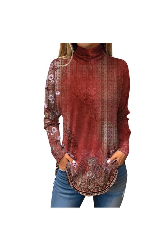 TQWQT Long Sleeve Shirts for Women Plus Size Turtlenecks Tunic Top Loose Fit Floral Printed T Shirts Turtleneck Curved Hem Graphic Tee Fall Outfits 2024 Vermilion S