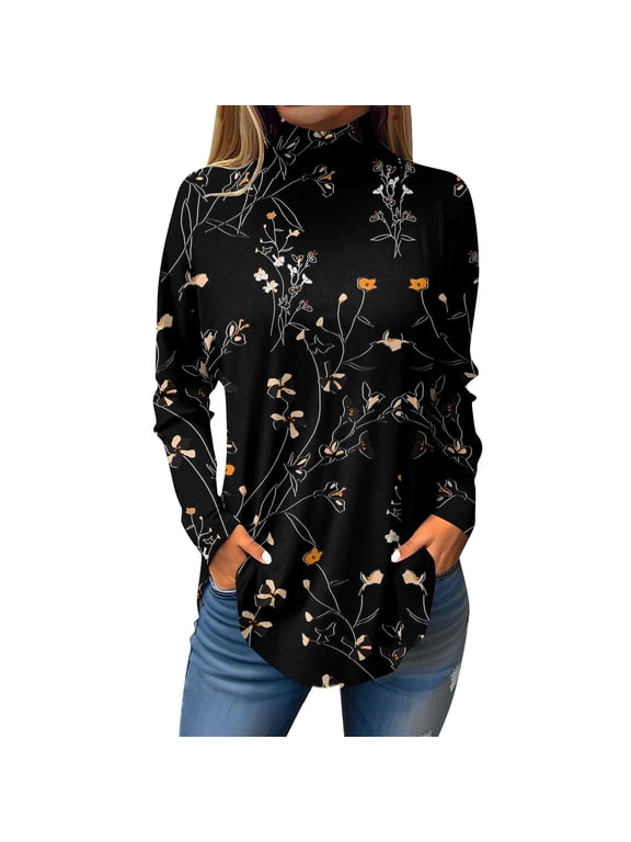 TQWQT Long Sleeve Shirts for Women Turtle Neck Tunic Top Casual Loose Fit Floral Printed Shirt Fall Turtleneck T-Shirts Curved Hem Graphic Tee Coffee 2XL