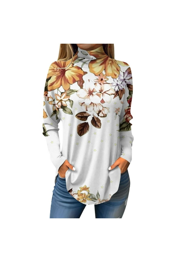TQWQT Long Sleeve Shirts for Women Turtle Neck Tunic Top Casual Loose Fit Floral Printed Shirt Fall Turtleneck T-Shirts Curved Hem Graphic Tee White S