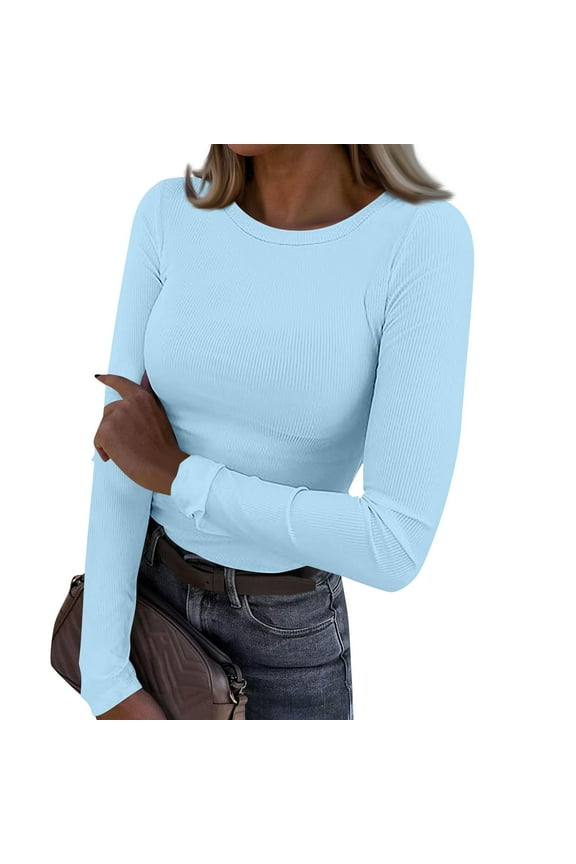 Long Sleeve Shirts for Women Crewneck Ribbed Knit Slim Fit Shirt Basic Tee Top Casual T-Shirt Fashion Work Tops Fall Outfits Light Blue XL