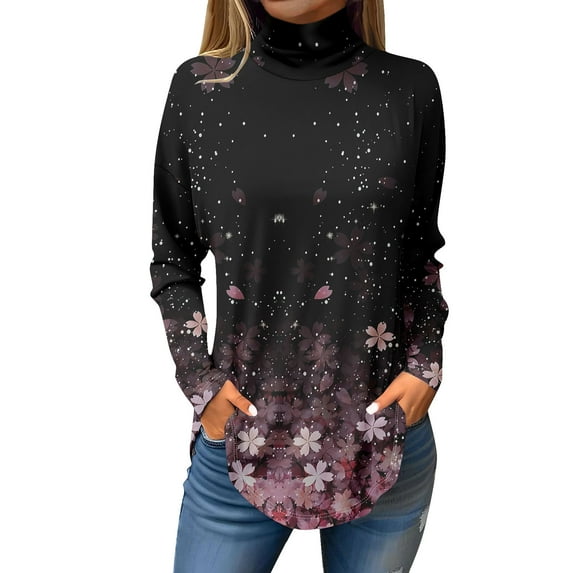 TQWQT Long Sleeve Shirts for Women Floral Shirts Plus Size Loose Fit Shirt Fall Mockneck T-Shirt Curved Hem Graphic Tee Pink XL