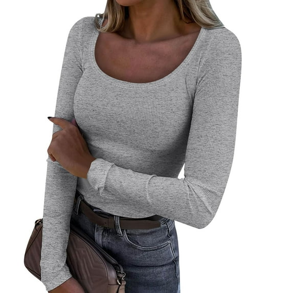 TQWQT Long Sleeve Shirts for Women Scoop Neck Ribbed Knit Slim Fit Shirt Basic Tees Top Casual Tshirts Trendy Y2k Tops Fall Outfit Light Gray L