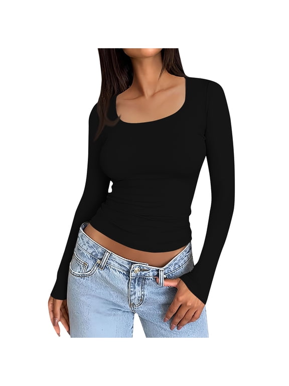 TQWQT Long Sleeve Shirts for Women Slim Fit Black Plain Trendy Teen Girls Winter Clothes Square Neck Y2k Tshirt Crop Tops Winter Outfits M