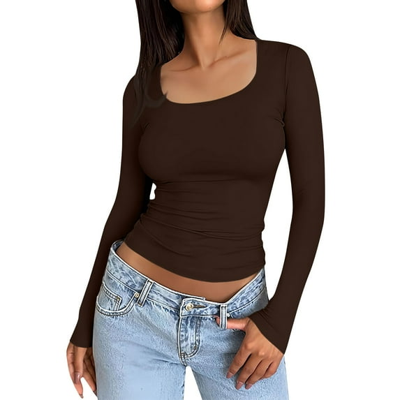 TQWQT Long Sleeve Shirts for Women Slim Fit Brown Basic Tops Going Out Cute Crop Tops Square Neck Y2k Tshirt Trendy Winter Outfits S