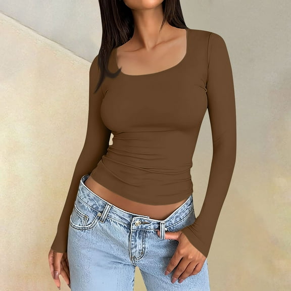 TQWQT Long Sleeve Shirts for Women Slim Fit Light Brown Women Tops Going Out Cute Crop Tops Square Neck Y2k Tshirts Trendy Winter Outfits S