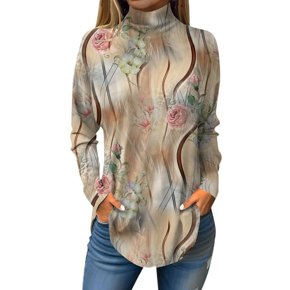 TQWQT Long Sleeve Shirts for Women Turtle Neck Floral Printed Shirts Plus Size Loose Fit Shirt Fall Mockneck T-Shirts Curved Hem Graphic Tee Beige M