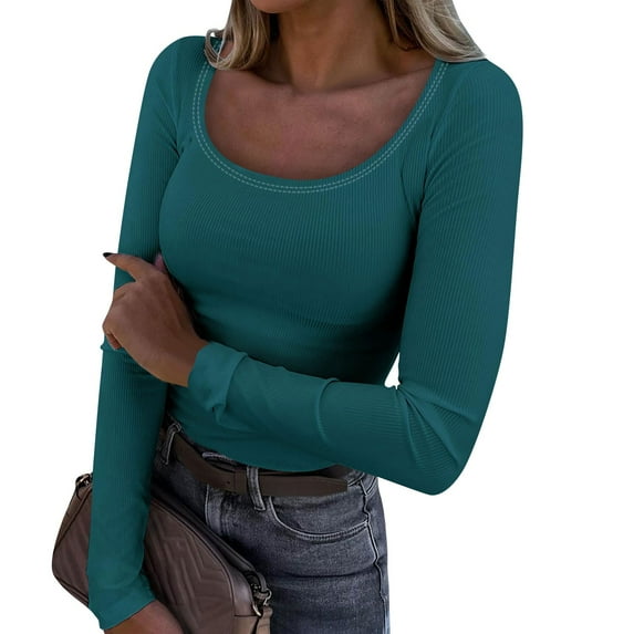 TQWQT Long Sleeve Tops for Women Ribbed Knit Scoop Neck Slim Fit T-Shirt Basic Solid Skims Tops Casual Going Out Top Fall Fashion Clothing Dark Green M