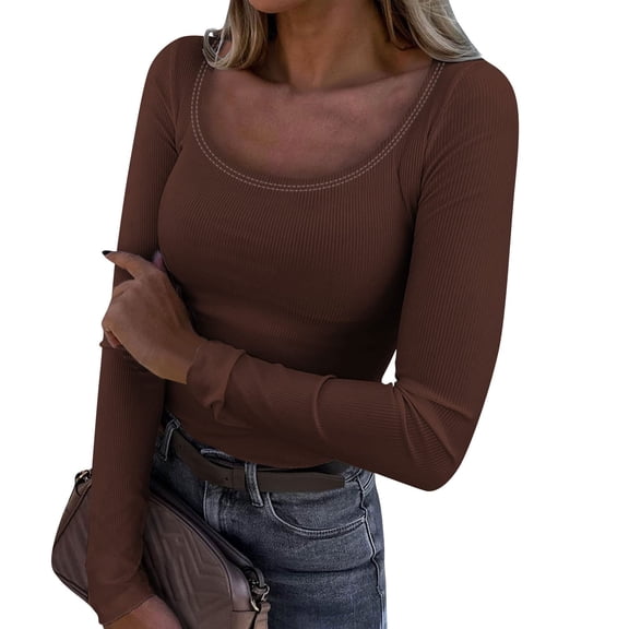 TQWQT Long Sleeve Tops for Women Fall Ribbed Knit Tops Ruched Scoop Neck Shirt Casual Slim Fit Basic Tee Top Crop Fashion Clothing Coffee L