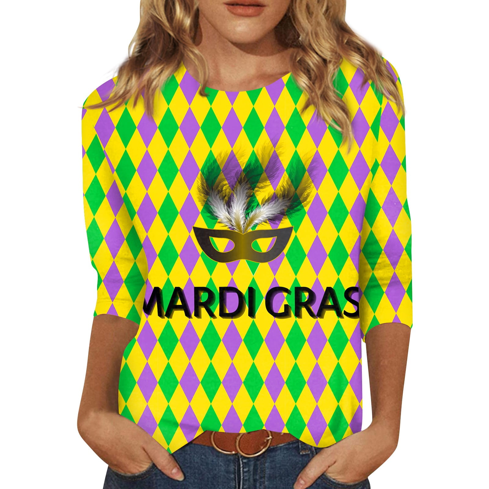 TQWQT Mardi Gras Shirts for Women, Carnival 3/4 Sleeve Tops 2024 Spring