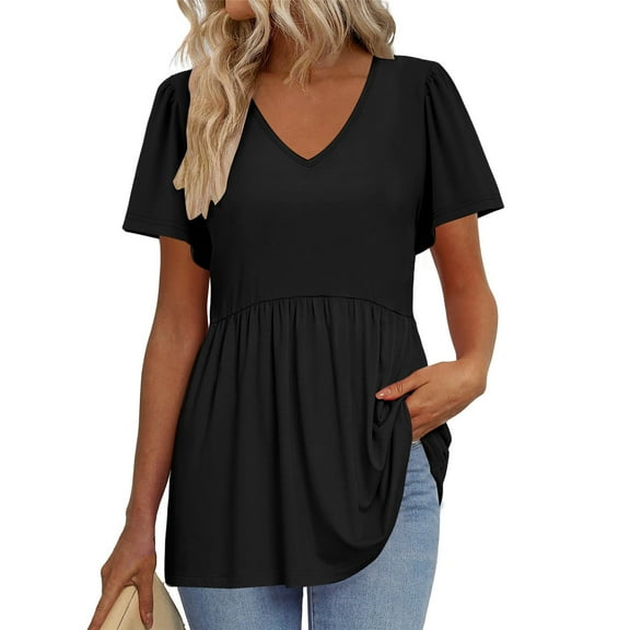 TQWQT Maternity Shirts for Women Casual Short Sleeve Tshirt Peplum V-Neck Tunic Top Solid Color Tee Plus Size Blouses Maternity Clothes Black 3XL