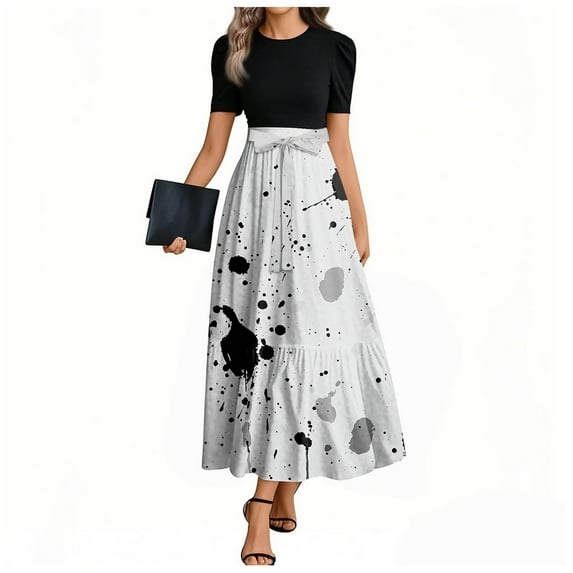 TQWQT Maxi Dresses for Women Office Short Sleeve Long Teacher Dress Maxi Dresses Floral Print Patchwork Ruffle Hem A Line Dresses Wedding Guest Modest Clothing Gray 2XL