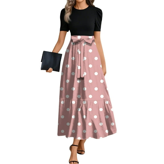 TQWQT Maxi Dresses for Women Short Sleeve Teacher Dress Modest Church Dresses Polka Dot Print Trendy Empire Waist Patchwork Ruffle Hem A Line Dresses Plus Size Office Attire Pink L