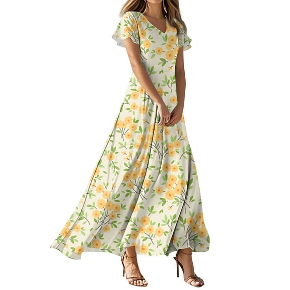 TQWQT Maxi Dresses for Women Plus Size Floral Dress Casual Summer Wedding Guestes Dress V-neck Short Sleeve Boho Beach Tiered Dresses Orange S