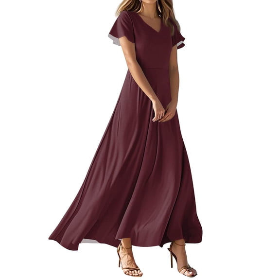 TQWQT Maxi Dresses for Women Plus Size Wine Dress Casual Summer Chiffon Dresses V Neck Short Sleeve Boho Cute Tiered Dress Wine XS